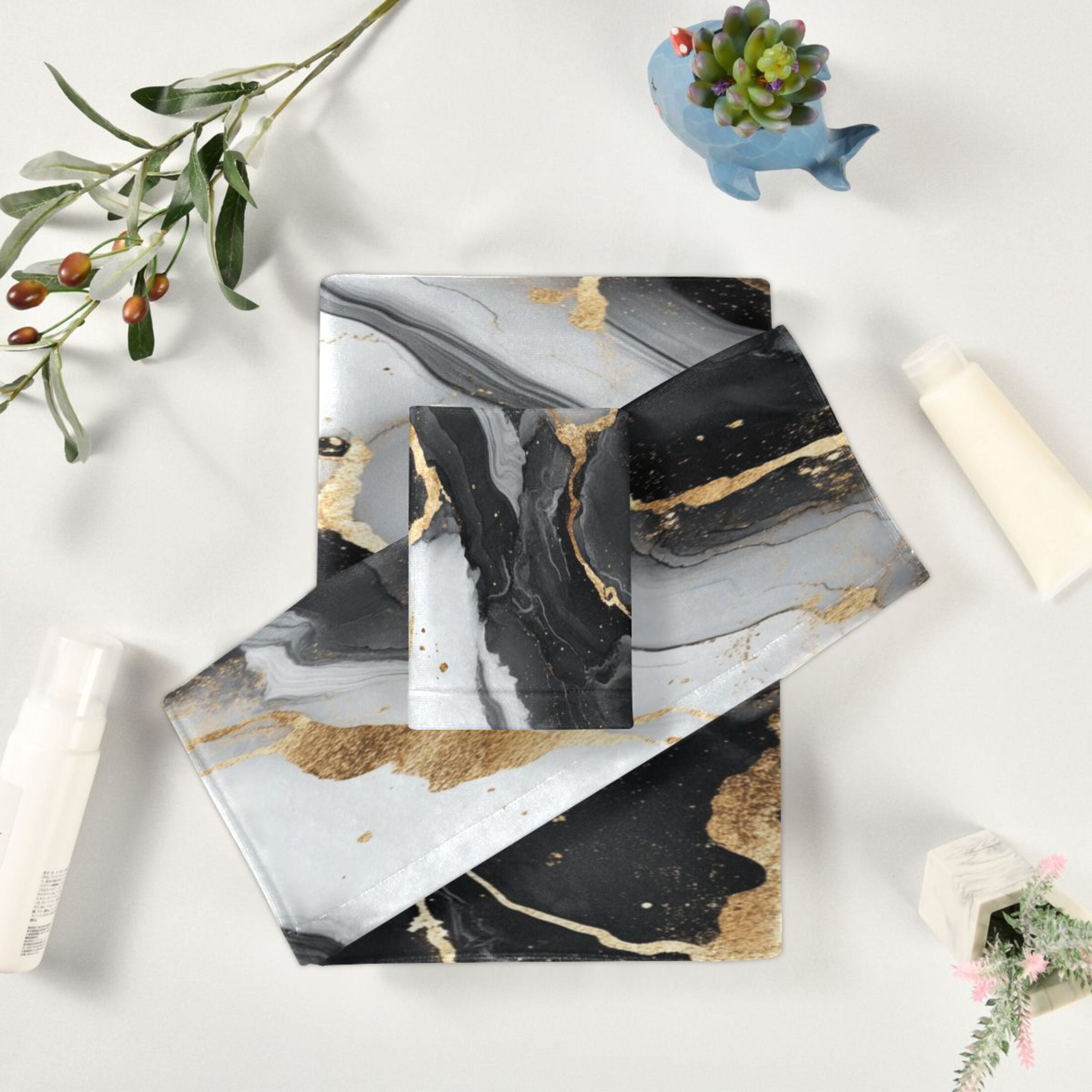 WOBOGO Gilt Black Veined Marble Ultra Soft 3 Pack Cotton Towel Set Includes 60 x 30in Bath Towel 28 x 16in Face Towel and 13 x 13in Small Square Towel for Everyday Use Lightweight and Compact