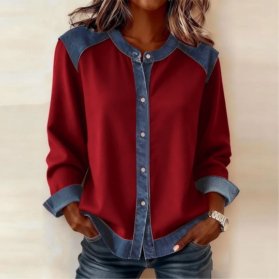 Ounisa Womens Tops Denim Patchwork Sweatshirts Cardigan Jacket, Long Sleeve Denim Lapel Crewneck Buttons Closure Pullover Tops,Casual Waffle Knit Shirts