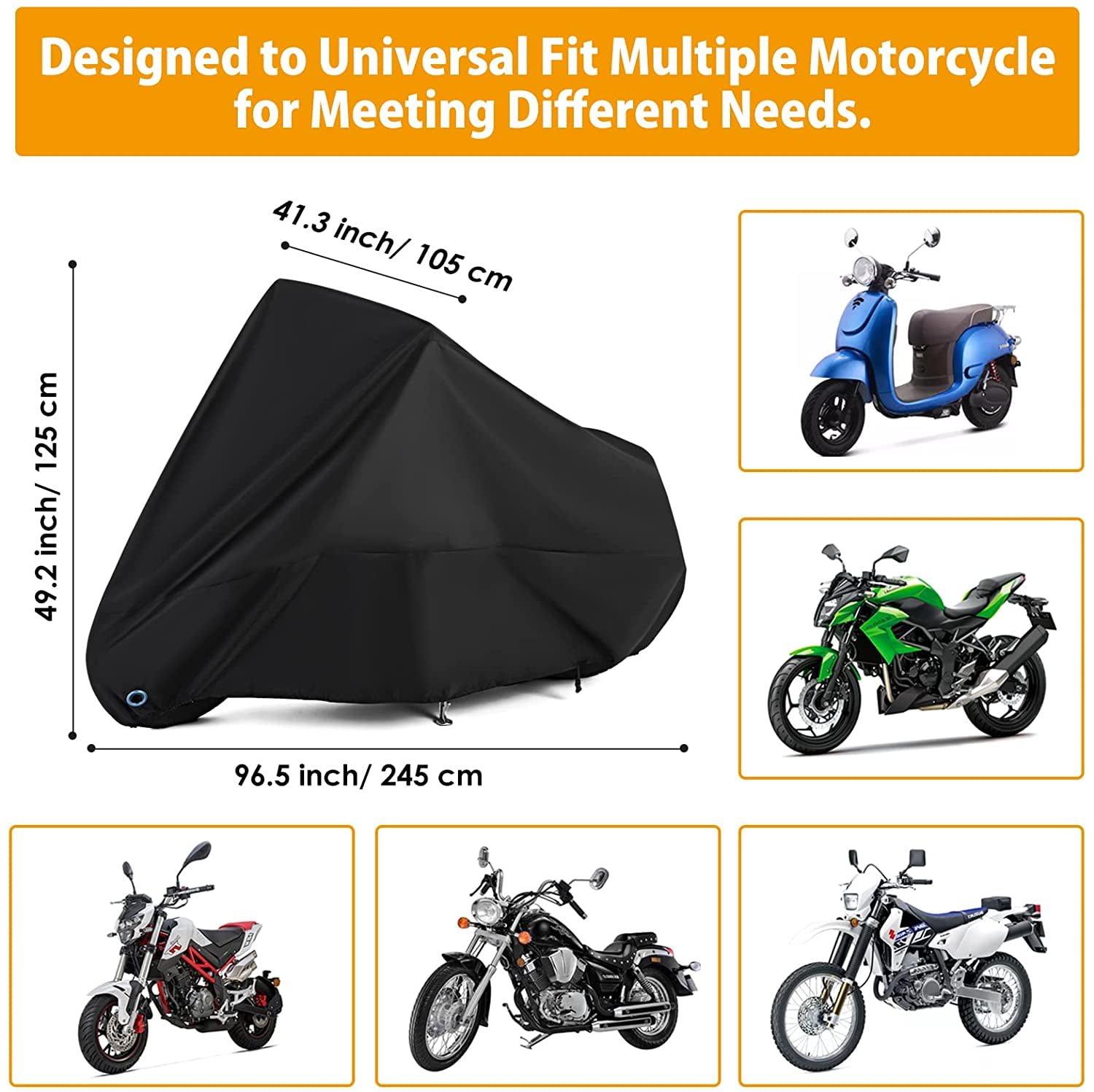 Motorcycle Cover All Season Universal Weather Waterproof Motorbike Cover with Lock-Holes & Storage Bag XXL Motorcycles Vehicle Cover for Harley Davidson, Honda, Suzuki, Kawasaki, Yamaha