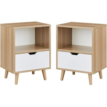 Nightstands Set of 2, Modern Wooden 2-Tier Night Stand with Drawers, Tan Bedside Tables End Table for Bedroom Living Room Closet (1 Drawers)