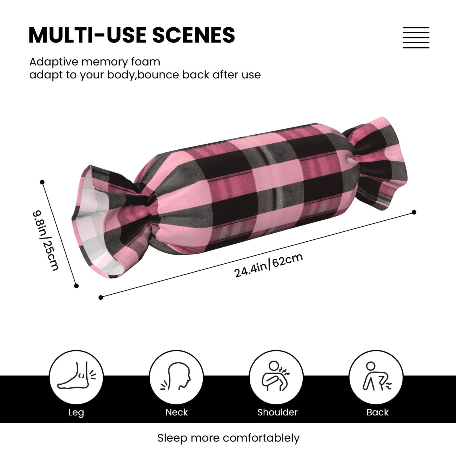 Candy Throw Pillow Travel Cervical Pillow Cylindrical Neck Body Cushion With Insert For Bed Couch Home Decor 9.8x24.4in Hotpink Buffalo Plaid Check Tartan Scotland_4