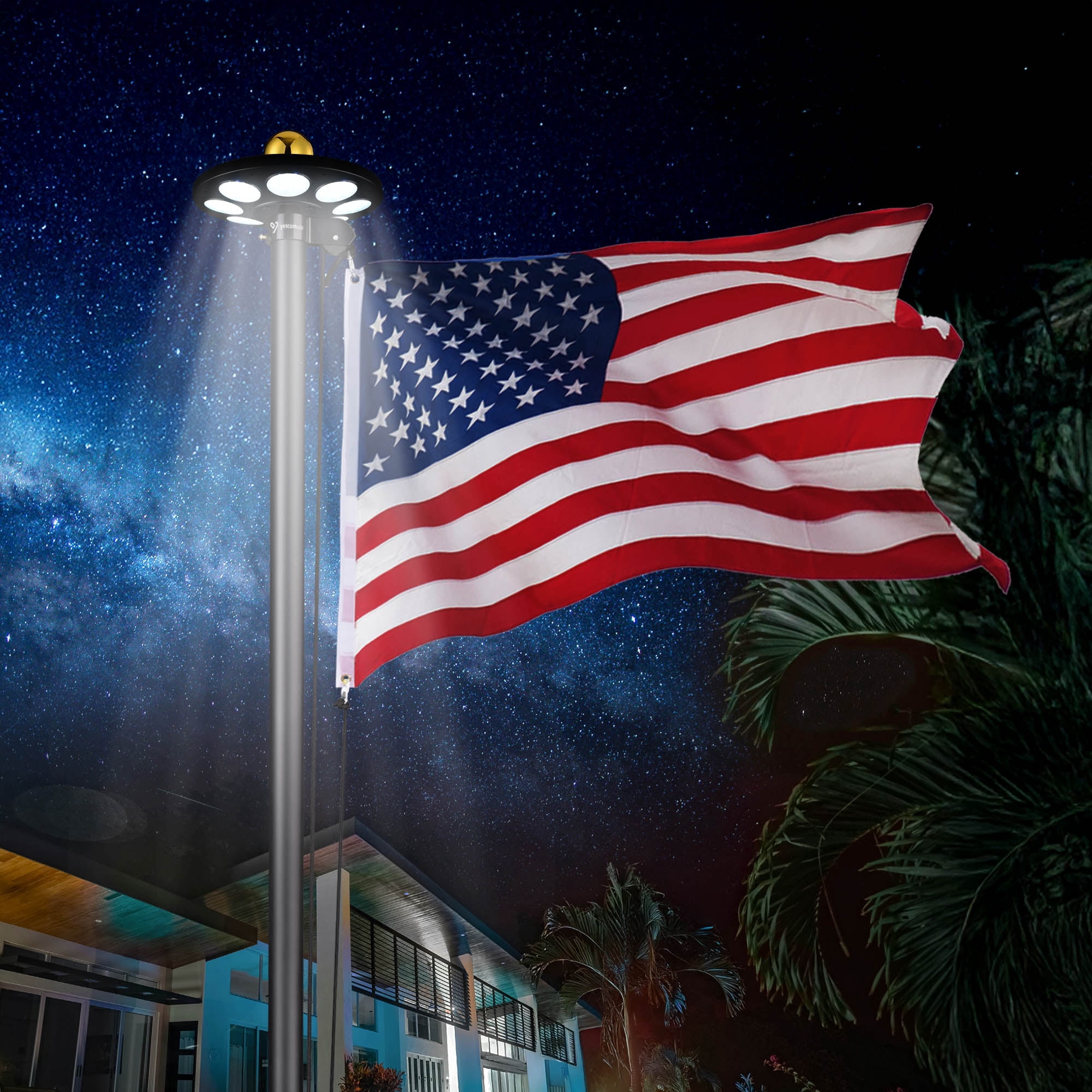 Yescom Bravery 20ft LED Solar Light Sectional Flag Pole Kit Aluminum Outside Inground with 3'x5' USA Flag Ball Top Black
