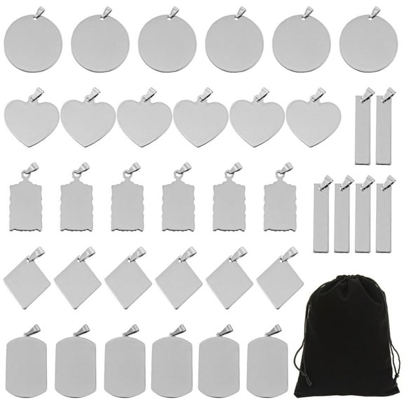 36 Pcs Stainless Steel Stamping Blanks, Large Charms Tag Pendants, Multiple Shapes Stampings with Black Velvet Bag, DIY Charm Pendants for Necklace, Keychain & Craft