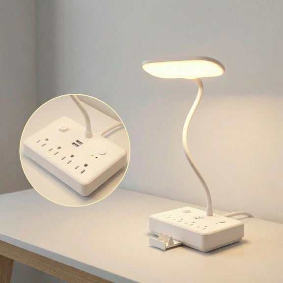 LED Desk Lamp with 3 Lighting Modes, 2 USB Charging Ports and 4 AC Outlets, 2 Color Temperatures, Dimmable Gooseneck Table Lamp for Reading, Working, Studying