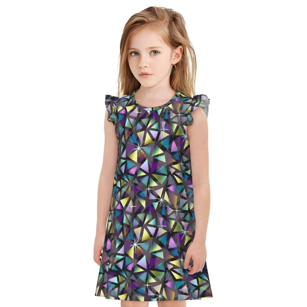 Fotbe Purple-Gold Triangles Vestido de Dormir para Niñas de 3 a 10 Años, Mangas Cortas, Estilo Princesa, Pijama Camisón con Mangas Voladas-Large