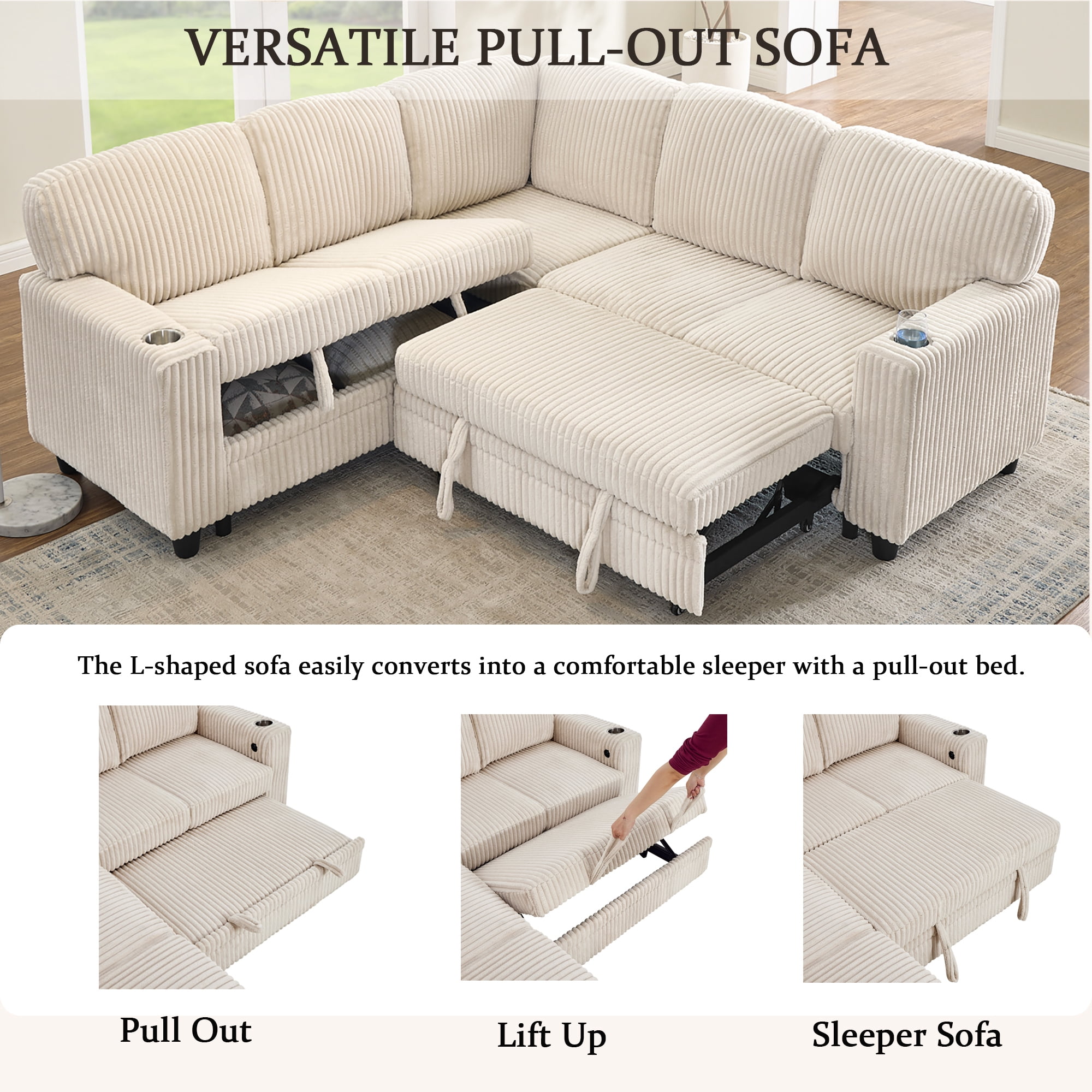 5-Seat L-Shaped Sectional Sofa with Pull-Out Bed, Reversible Chaise with Storage, Sleeper Sofa Couch Bed with USB & Type-C Charging Ports, Chenille Fabric Couch for Living Room, Apartment