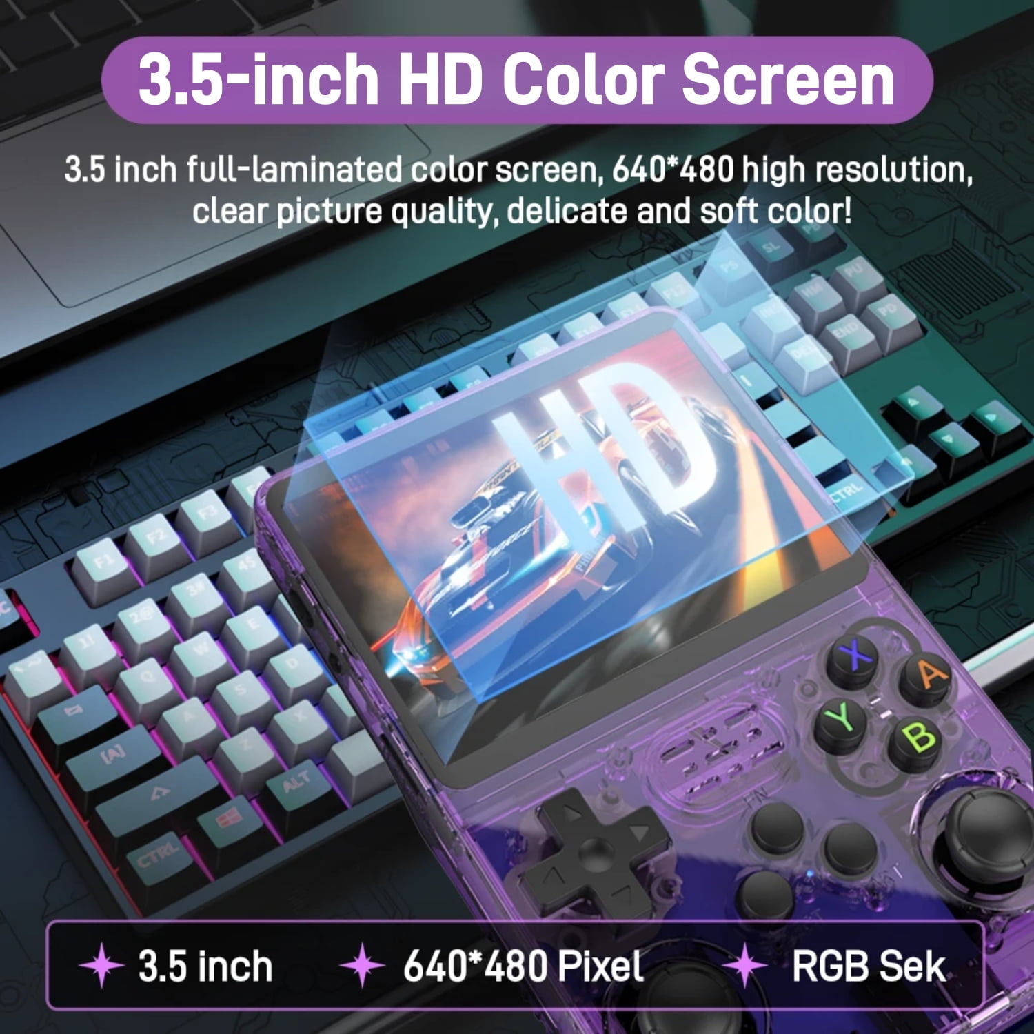 ZYTKWT R36S Handheld Game Console, 3.5-inch IPS Screen, 20,000+ Games, 20+ Emulators, 128GB Purple