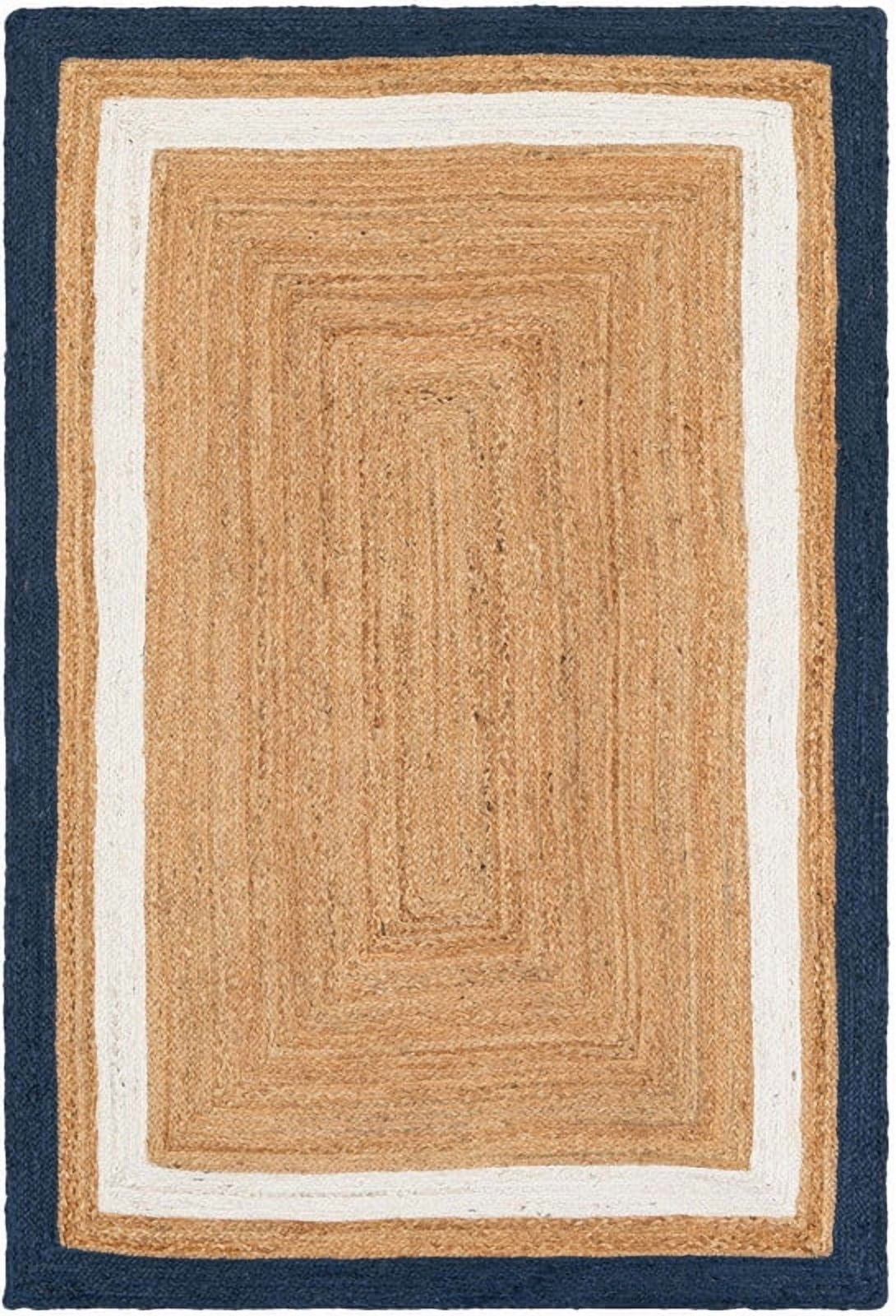 7x11Ft Beige | Navy Blue & White Jute Area Rug | Handmade | Solid Farmhouse Design | Natural Jute Rug for Living Room | Dining Room | Bedroom | Kitchen | Hallway | Entryway