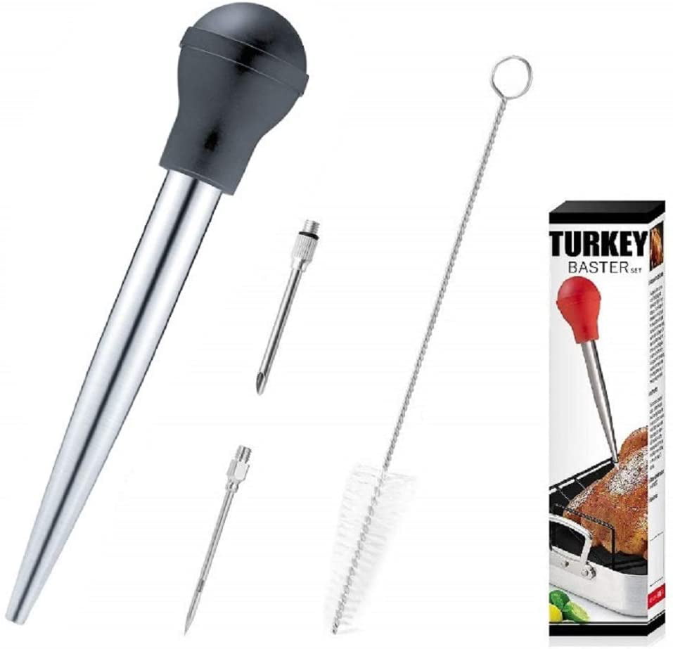 Fish BBQ Easy Clean Up Pork Beef Cleaning Brush Kit for Basting and Kitchen Cooking Turkey Stainless Steel Turkey Baster Meat Baster Syringe with Silicone Bulb Black 