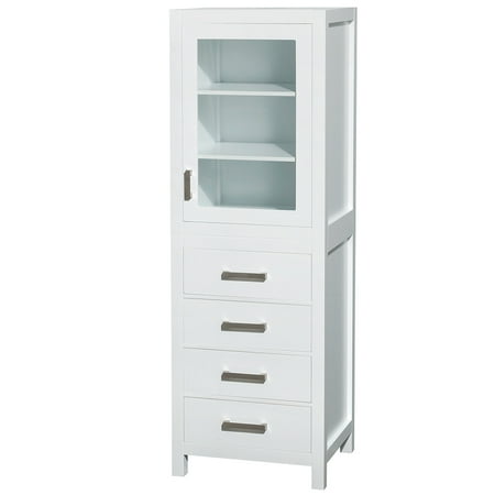 4 Drawer Tower - Wyndham Collection Sheffield 24 inch Linen Tower in White with Shelved Cabinet Storage and 4 Drawers