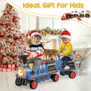 TOKTOO 12V Powered Ride on Toy Train for Kids, Ride on Train Locomotive & Train Carriage W/ Rubber Wheels, Storage Box-Blue