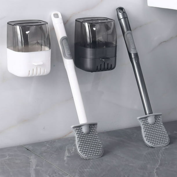 Cepillo de inodoro con base ventilada para secado - cerdas de gel de sílice, limpieza 360°, cepillo para inodoro de pie de 17,3", blanco y gris