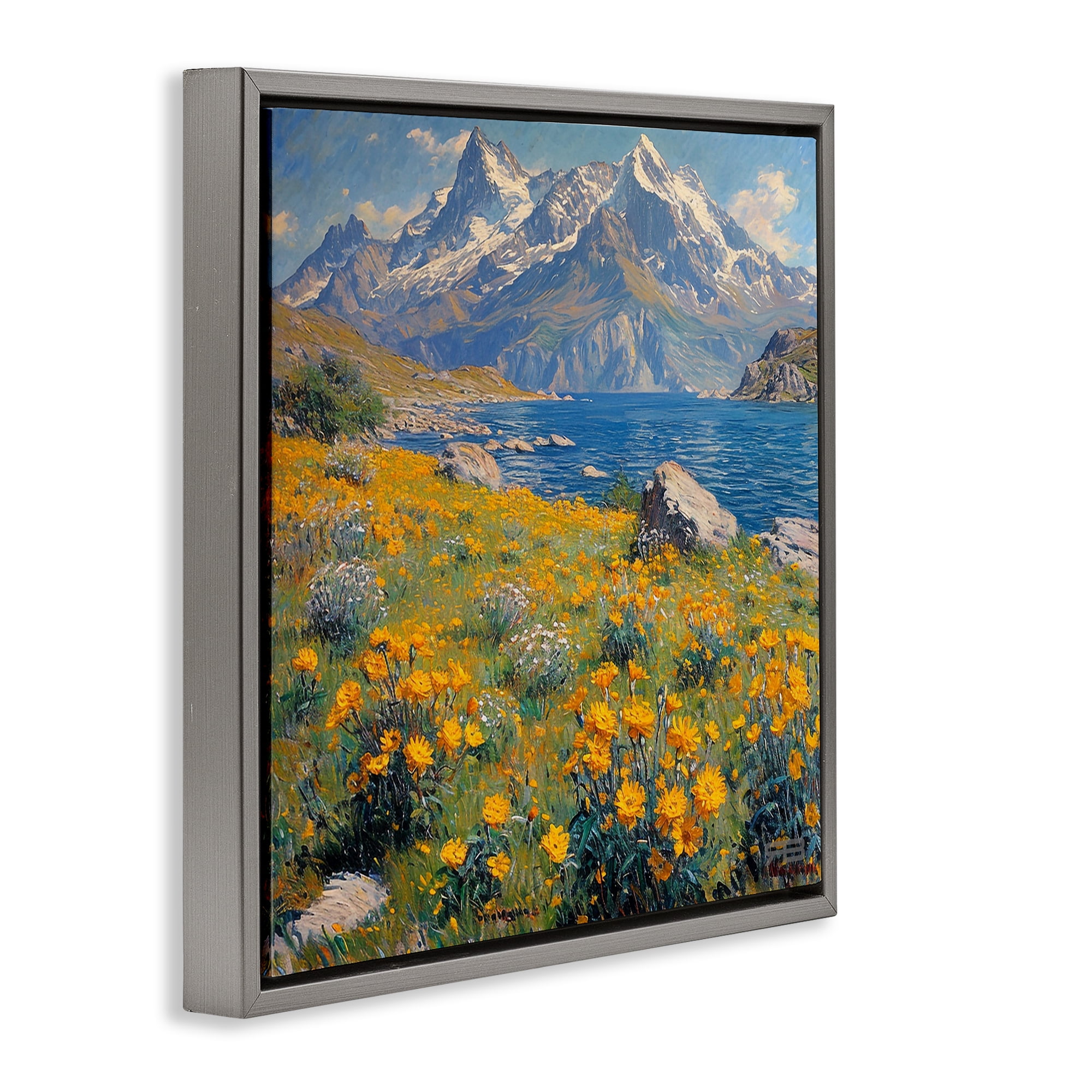 Stupell Industries Mountain Daisy Meadow Landscape & Nature Painting Gray Floater Framed Canvas Art Print Wall Art, 25 x 25