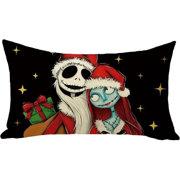 Christmas Jack Lumbar Decorative Throw Pillow Cover 12 x 20, Rectangular Xmas Sally Holly Jolly Outdoor Home Decor, Winter Funny Couch Cushion Case