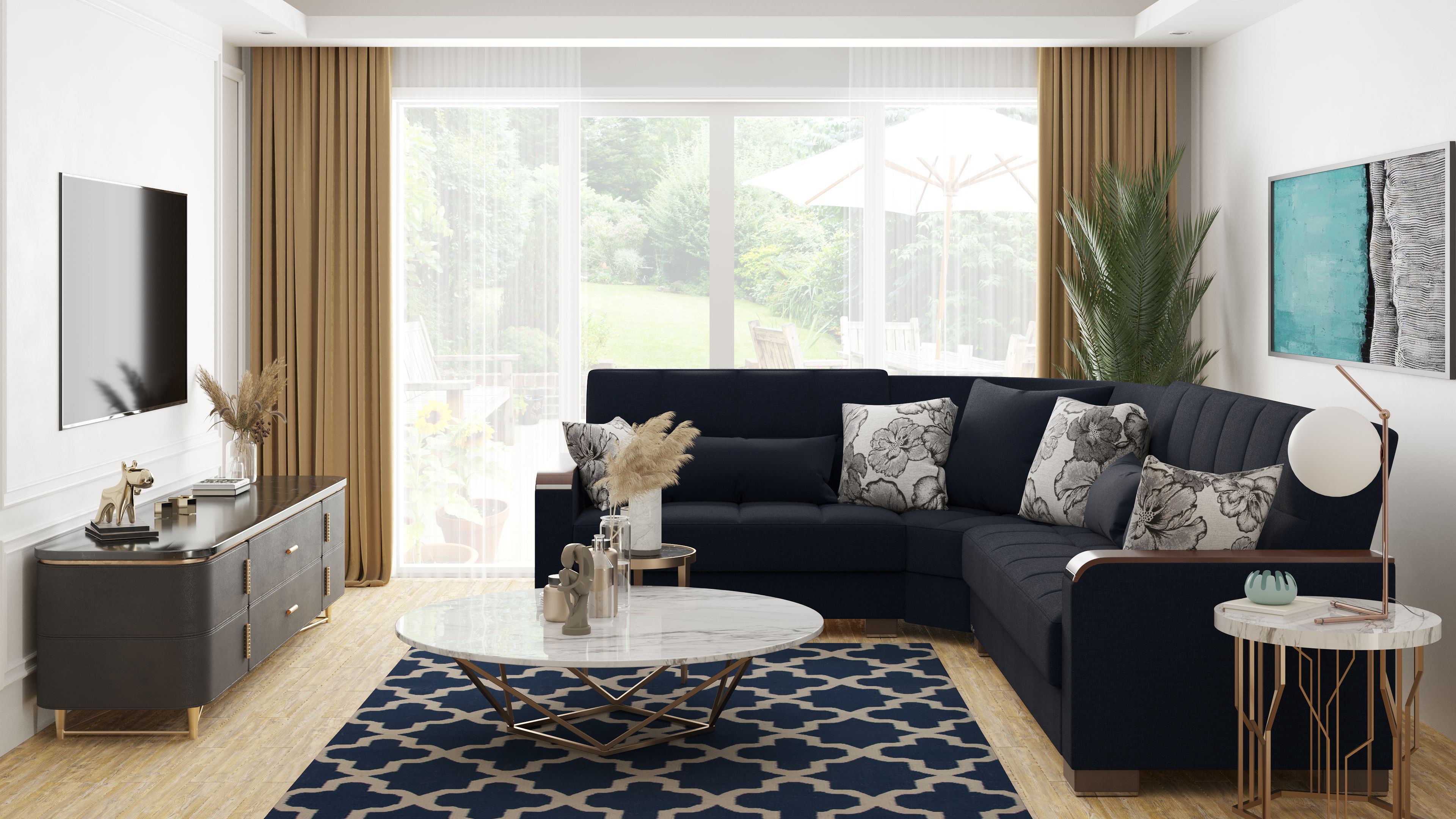 Ottomanson Origins X Convertible Sectional Sofa, Dark Blue Polyester
