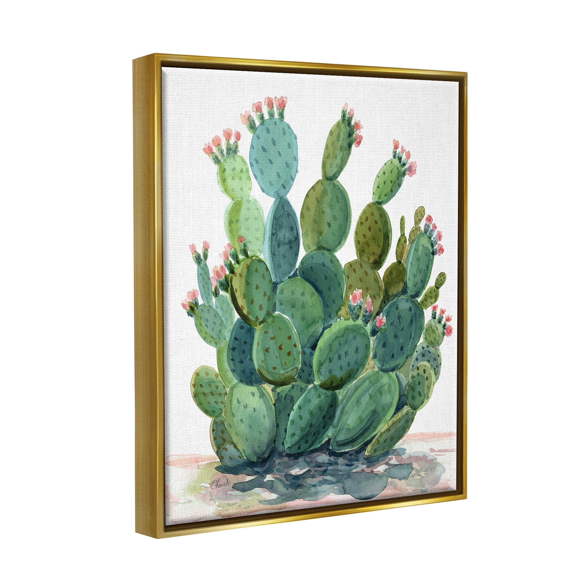 Stupell Botanical Desert Prickly Pear Cactus Botanical & Floral Painting Gold Floater Framed Art Print Wall Art