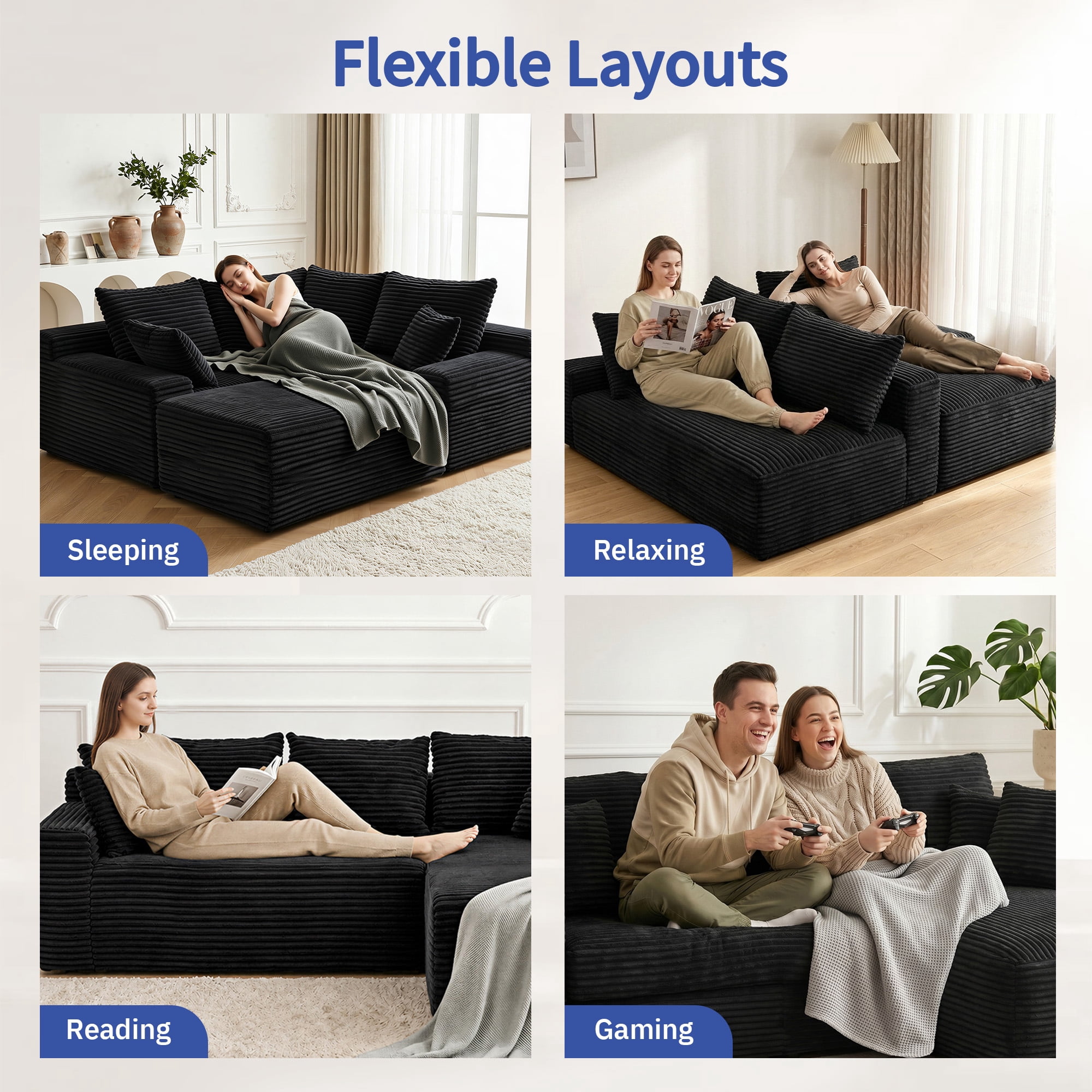Leumius 95" Boneless Modular Sectional Sofa with Chaise,L-Shaped Comfy Corduroy Couch with Deep Seat,Upholstered Sectional Couch for Living Room, No Assembly,Black