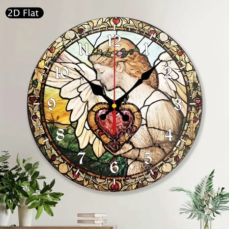 Guardian Angel Angel Of Love Stained Glass Style Round Wall Clock Religious Christian Memorial Gift For Mom Wooden Home Wall Art Decor