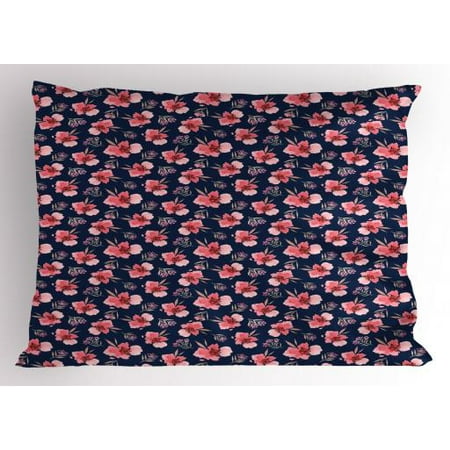 Lr Sham - Watercolor Flowers Pillow Sham Vibrant Blossoms Harvest Season Tropical Accents Shabby Art, Decorative Standard Queen Size Printed Pillowcase, 30 X 20 Inches, Indigo Coral Pale Pink, by Ambesonne