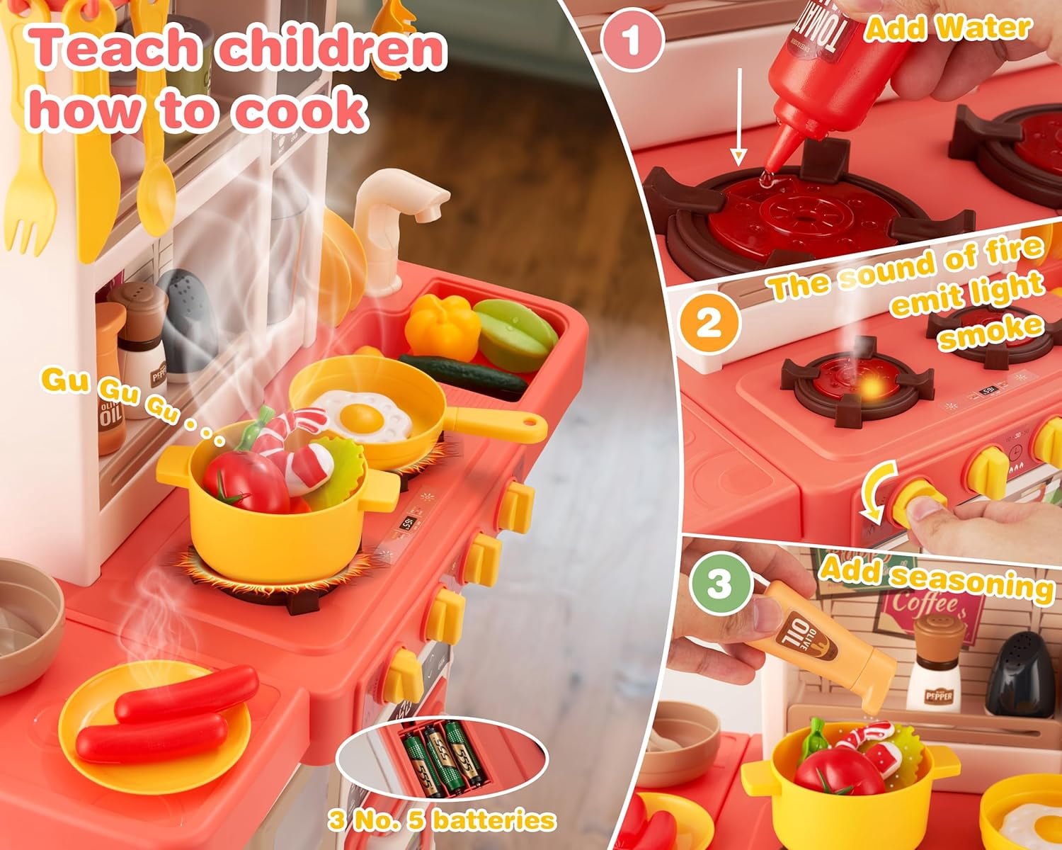 Mundo Toys Spray Kitchen Pretend Playset with Water Circulation Sink and Sound & Light Features, 52-Piece, Ages 3+