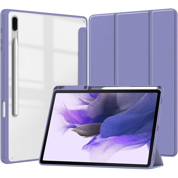 PINHEN Hybrid Slim Case for Samsung Galaxy Tab S8 Plus 2022/S7 FE 2021/S7 Plus 2020 12.4 Inch with S Pen Holder, Shockproof Cover with Clear Transparent Back Shell, Auto Wake/Sleep, Purple