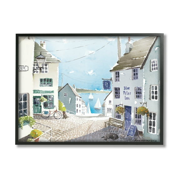 Stupell Coastal Town Seaport Sailboats Landscape Painting Black Framed Art Print Wall Art