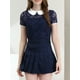 thumbnail image 5 of INSPIRAR CHIC Blusa de Encaje Transparente con Cuello Peter Pan de Contraste para Mujeres de Manga Corta XS Azul Oscuro, 5 of 6