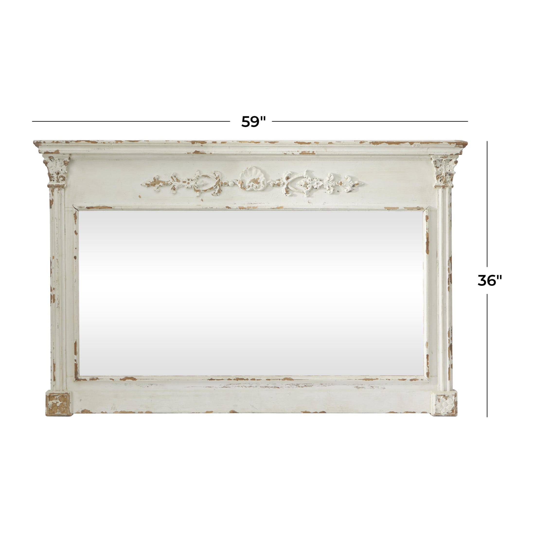 DecMode 59" x 36" Cream Carved Floral Wall Mirror with Distressing
