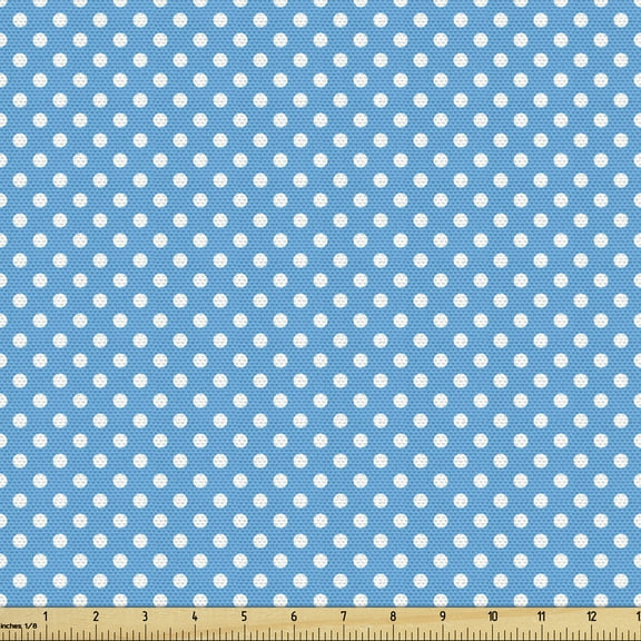 Ambesonne Blue Fabric by the Yard Upholstery, Retro Polka Dots Geometric, 3 Yards, Blue White