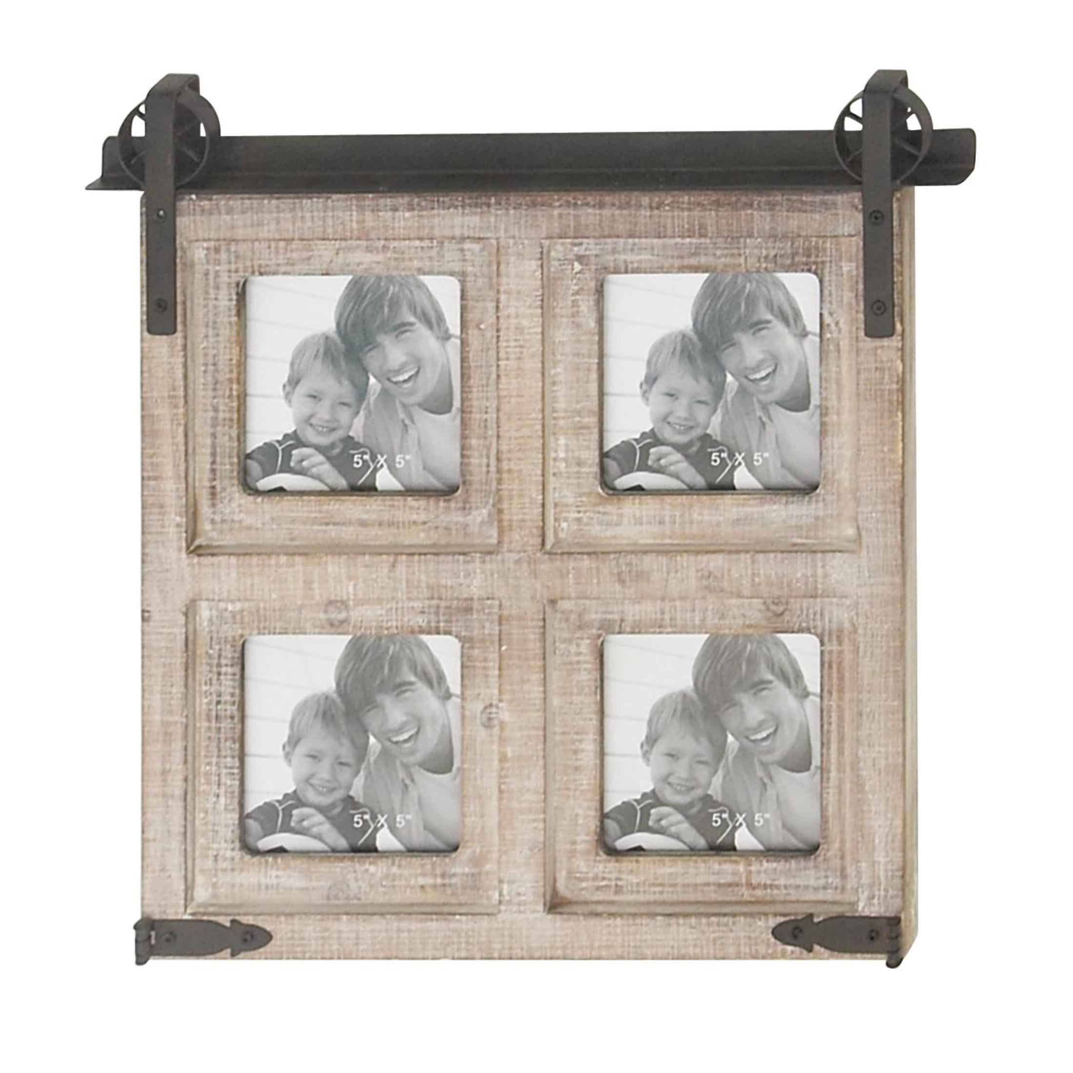 DecMode 4-Opening 5" x 5" Barn Door Brown People Wall Photo Frame with Black Metal Accents