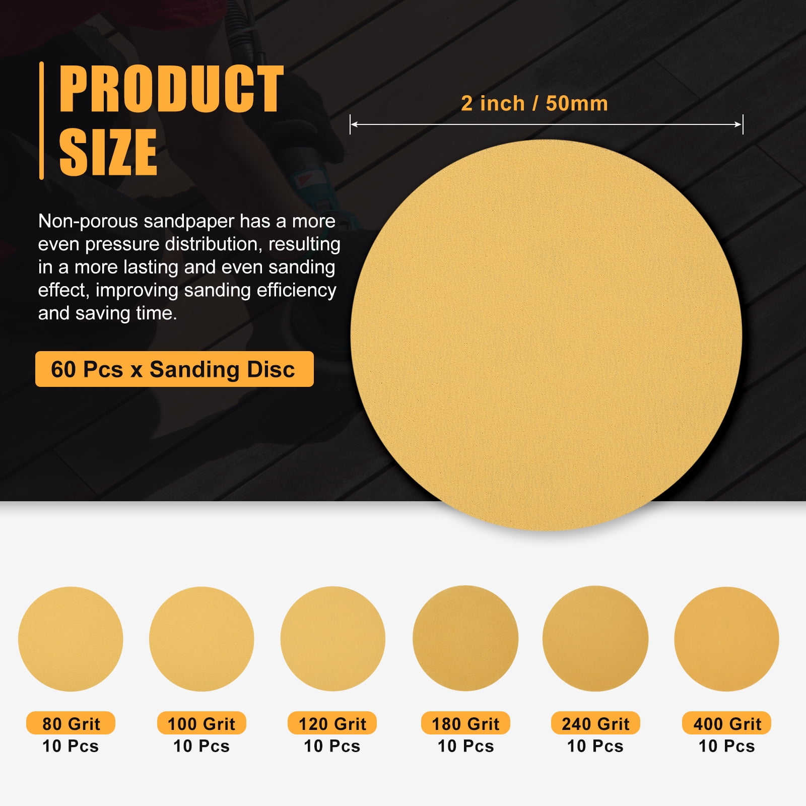 10 Pcs 9 Inch Sanding Disc 180 Grit Hook and Loop Sandpaper Random Orbital Sander Pads for Woodworking Automotive, Gold