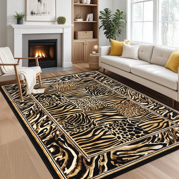 Leopard Living Room Rugs 8x10, Soft Low Pile Non-Slip Leopard Patchwork Print Large Washable Area Rugs for Living Room Vintage Rugs
