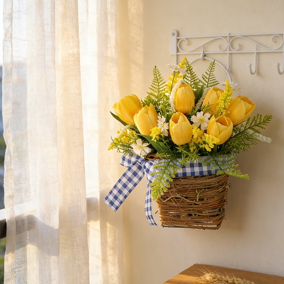 31cm Artificial Tulip Flower Basket Wreath,Yellow Tulip Door Hanging Basket Floral Wreaths,Spring Front Door Wreath for Home Decor
