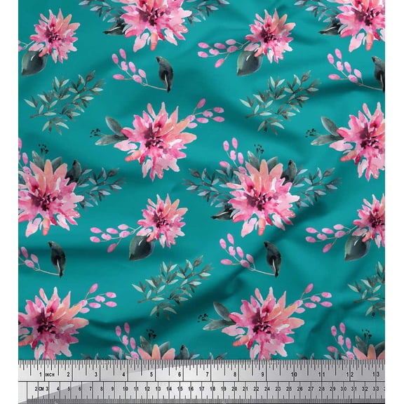 Soimoi Blue Cotton Duck Fabric Leaves & Chrysanthemum Floral Decor Fabric Printed Yard 42 Inch Wide