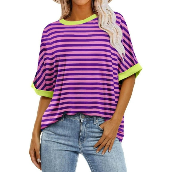 Giftesty Blouses for Women Dressy Casual Women's Fashion Loose Casual Striped Color Blocking Round Neck Short Sleeved Top