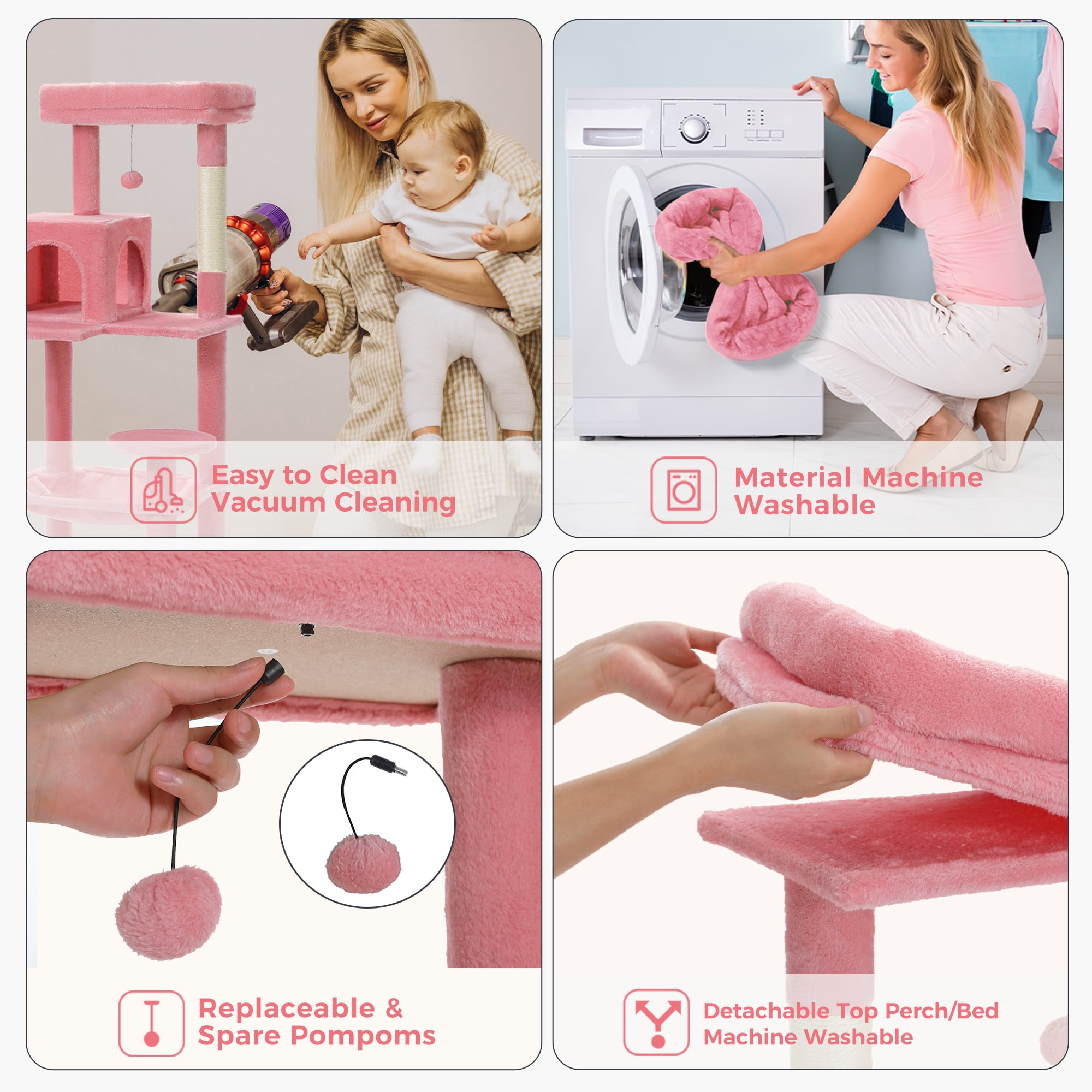 Pefilos 56“ Cat Tree for Indoor Cats Multi-Level Cat Tower with Sisal Covered Scratching Posts, Cozy Cat Condo, Super Large Hammock and Plush Perches Cat Tree House for Large Cats, Pink