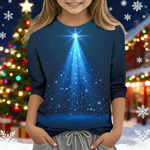 YUNAFFT Girls Christmas Print Casual 3/4 Sleeve Round-Neck Blouses & Shirts Cotton-Like Comfort Fit Elastic 4-14Y