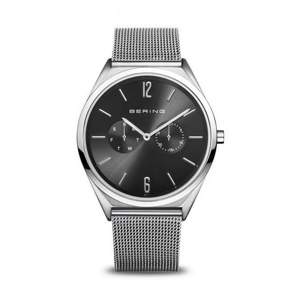 Bering 17140-002 Unisex Ultra Slim Polished & Brushed Silver Mesh Watch with Black Dial