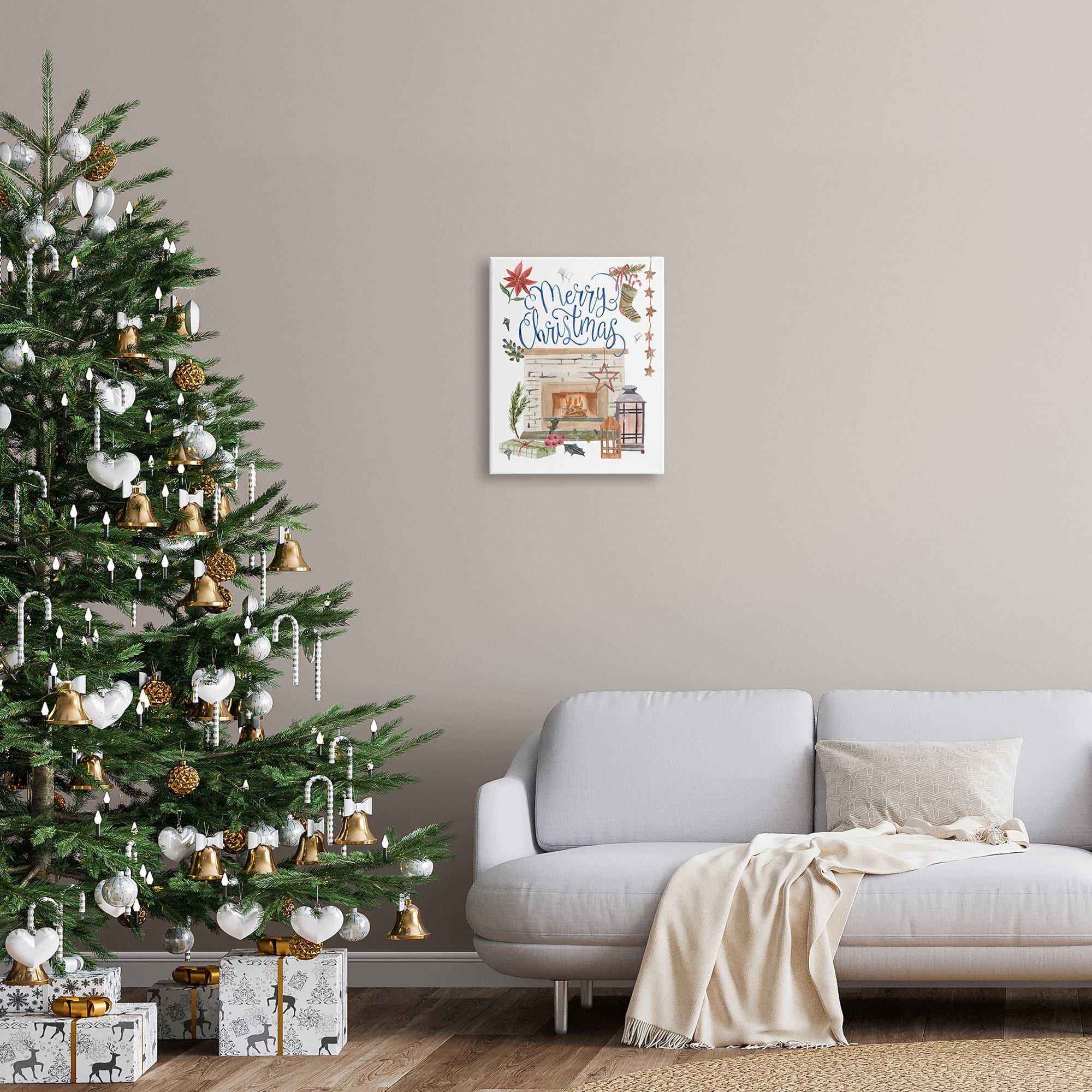Warm Winter Fireplace Christmas Holly Motif Sentiment Inspirational Painting Gallery-Wrapped Canvas Print Wall Art