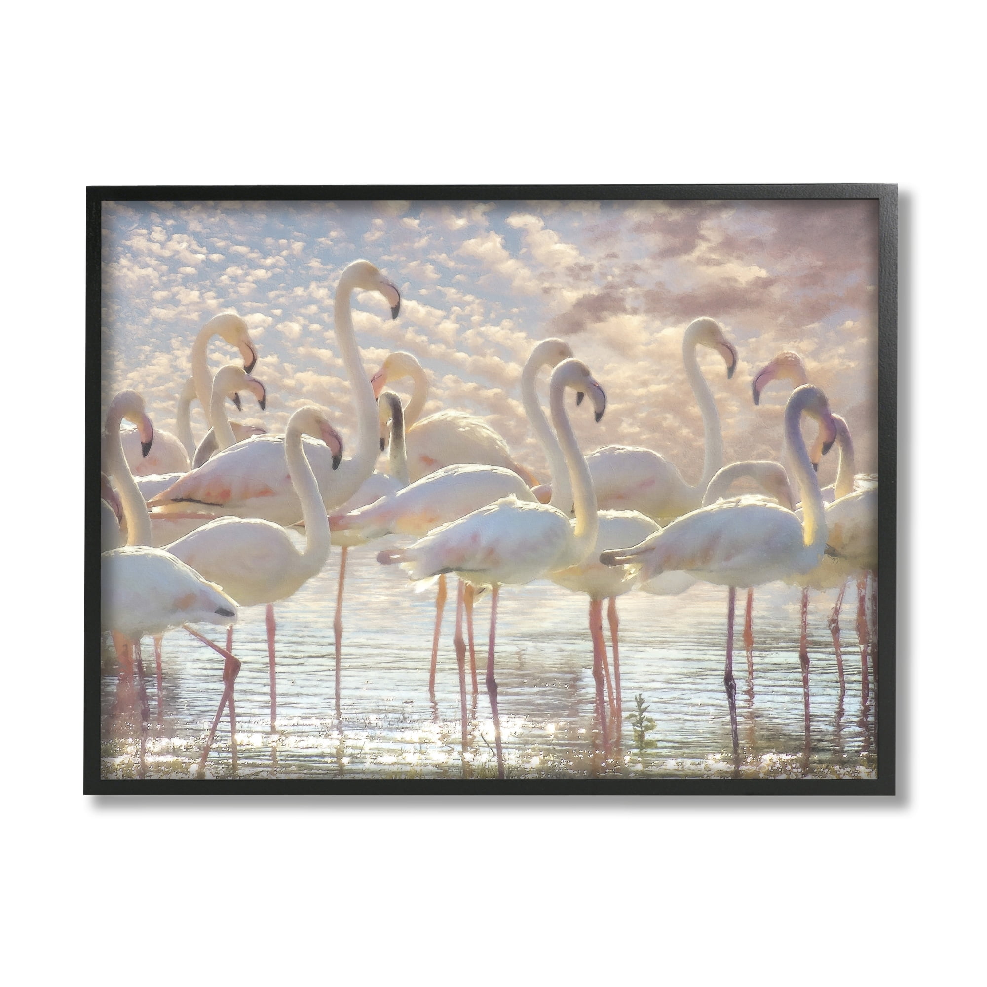 Stupell Industries Pretty Pink White Flamingos Standing Sparkling Water Clouds Photography Black Framed Art Print Wall Art, 30x24, by Steve Hunziker