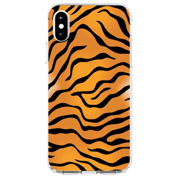 DistinctInk Clear Shockproof Hybrid Case for iPhone X / XS (5.8" Screen) - TPU Bumper, Acrylic Back, Tempered Glass Screen Protector - Orange Black White Tiger Skin Print - Animal Print