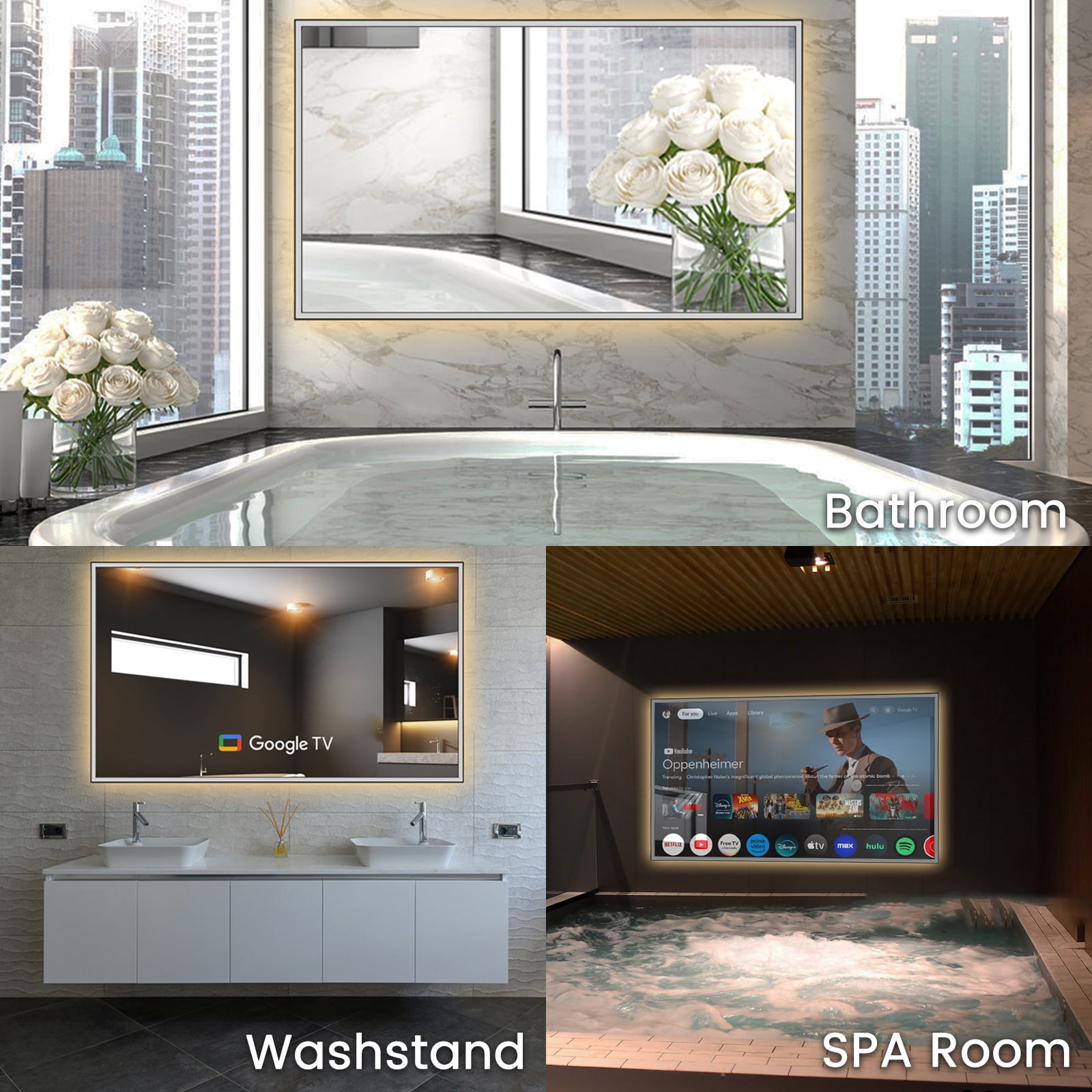 Soulaca 43 inches LED Light Mirror Smart TV 4K Screen Decoration Makeup TV Atsc Goog-le System Voice Control Built-in Atsc Dtv Tuner