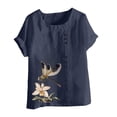 thumbnail image 4 of UPPADA Womens Cotton Linen Shirts Crewneck Shirts Floral Print Cotton Linen T-Shirts Short Sleeve Tunic Tops Casual Loose Blouse Navy,XXXL, 4 of 5