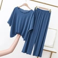 thumbnail image 5 of Bixock Pajamas for Women Solid Color Ice Silk Short Sleeve Top Lace Neck Long Pants 2 Piece Loungewear Sleepwear, 5 of 6
