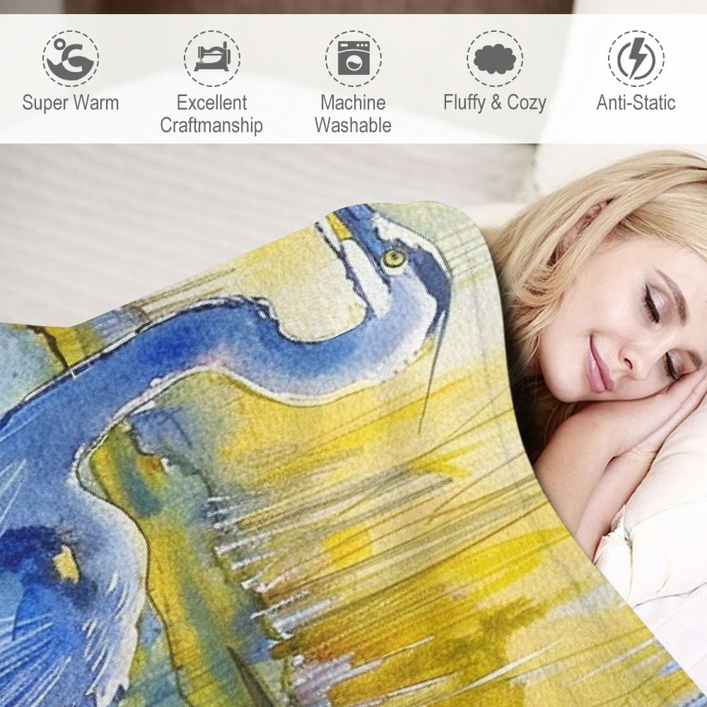 Nawypu  Throw Blanket Heron Watercolor Blue Heron Crane Bird Animal Wildlife Leaves Water Nature Cozy Throw Blanket for Couch Bed Sofa Car Soft Throw Blanket Flannel