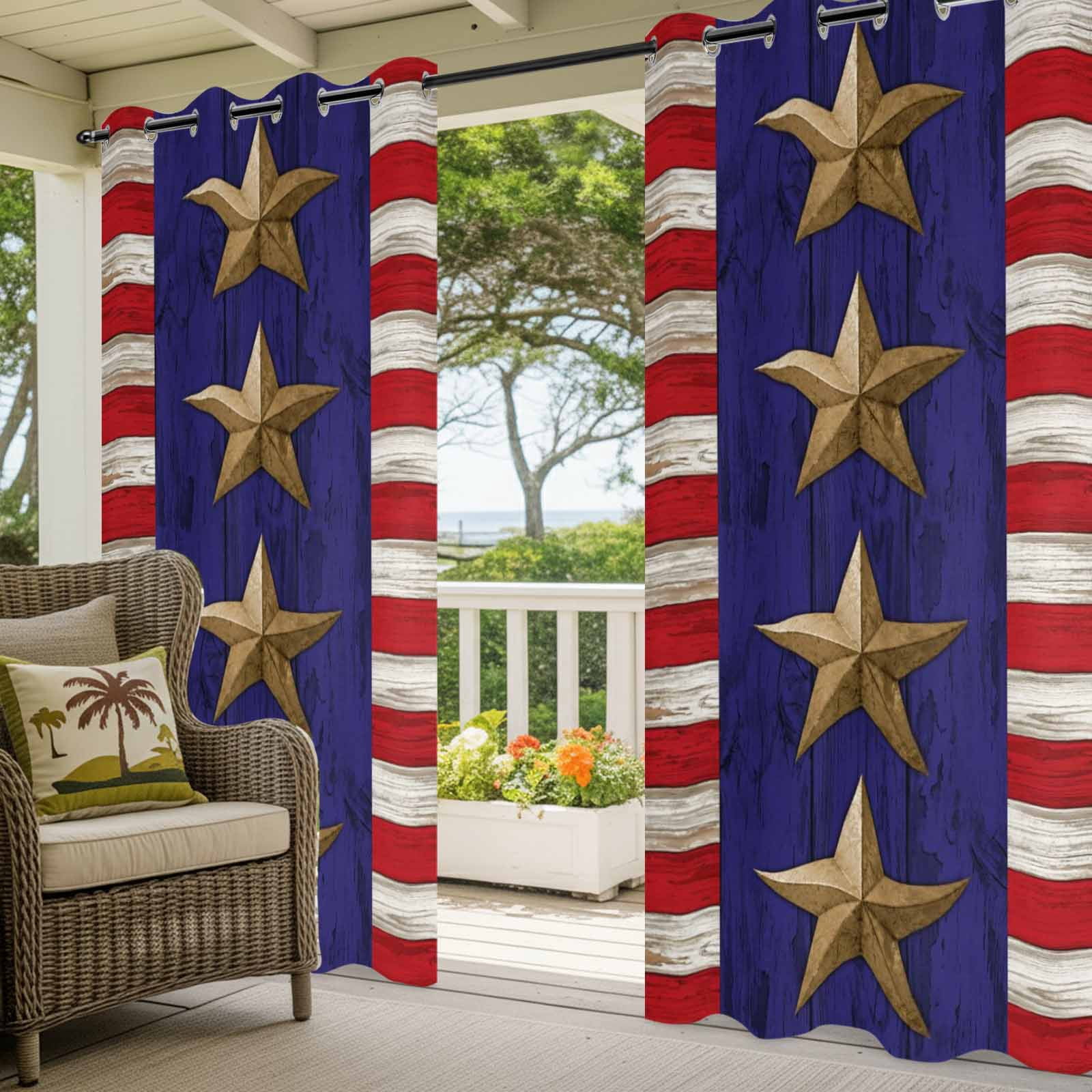 Independence Day Outdoor Curtains for Patio, Retro America Blue Gold Star Red Wood Grain Sunshade Privacy Drapes Grommet Waterproof Outside Curtains for Porch/Cabana/Balcony 54"x 108", 1 Panel