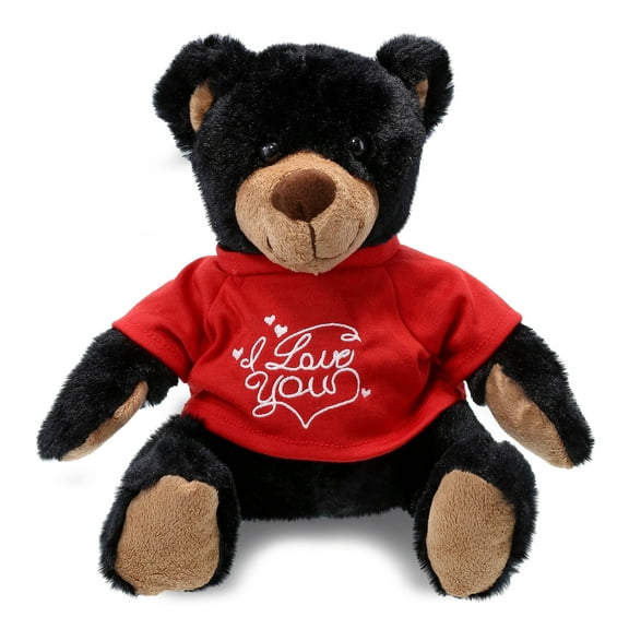 DolliBu I LOVE YOU Black Bear with Red Plaid Hoodie Plush- Cute Stuffed Animal with Red Shirt For Valentine, Anniversary, Romantic Date, Boyfriend, Girlfriend Gift - 10 Inches