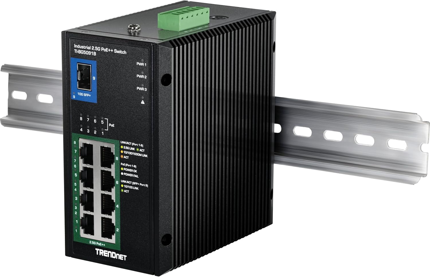 TRENDnet TI-BG5091B, 9-Port Industrial 2.5G DIN-Rail PoE++ Switch with 10G SFP+ Port (24 – 57V)