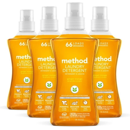 Method Liquid Laundry Detergent; Ginger Mango Scent; Plant-Based Stain Remover; 66 Loads per 53.5 fl oz bottle; 4 Pack 264 Total Loads; Packaging May Vary