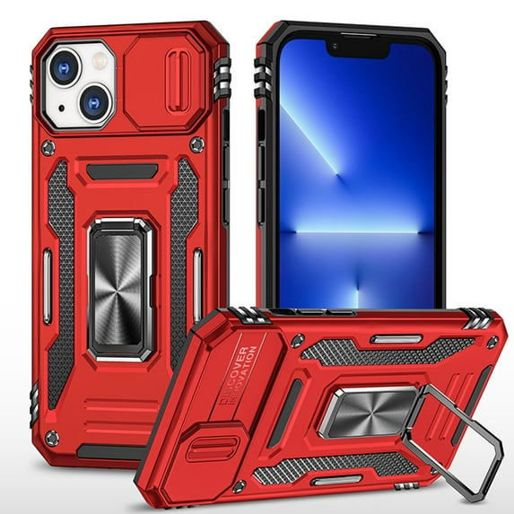 Bemz Hybrid Armor Case for iPhone 14 (Rugged Protector with Camera Protection Cover and Rotating Ring Stand) - Red